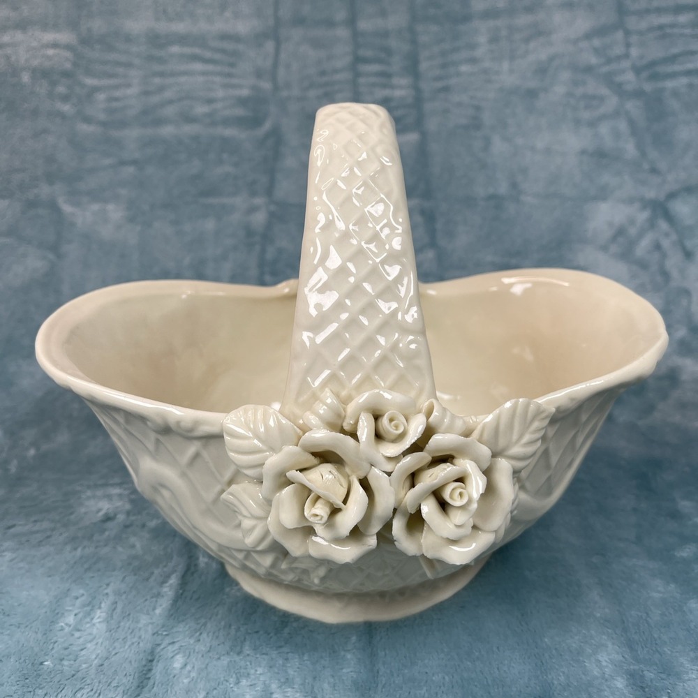 Vintage Ivory Color Glazed Ceramic Basket Compote Woven-Look w/ Applied Roses